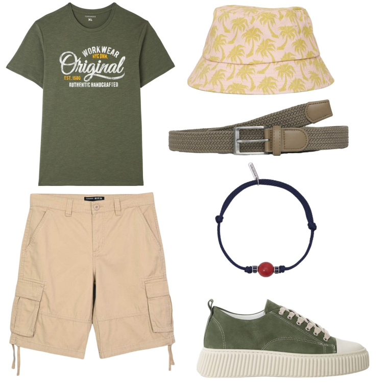 Outfit uomo - Viaggio in camper. Stile Casual per Mare. Abbinamento con bermuda, t-shirt, cappelli con visiera, cinture, braccialetti, sneakers.