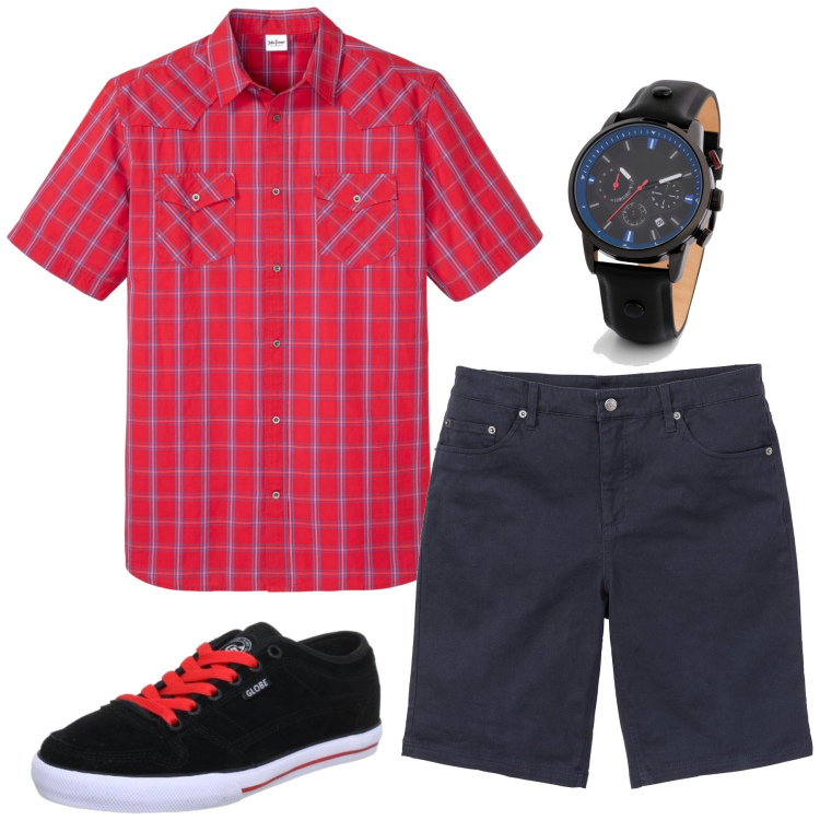 Outfit homme - Evan. Style Tendance pour Tous les jours. Assortir avec bermuda, bracelets, chemises à manches courtes, sneakers.