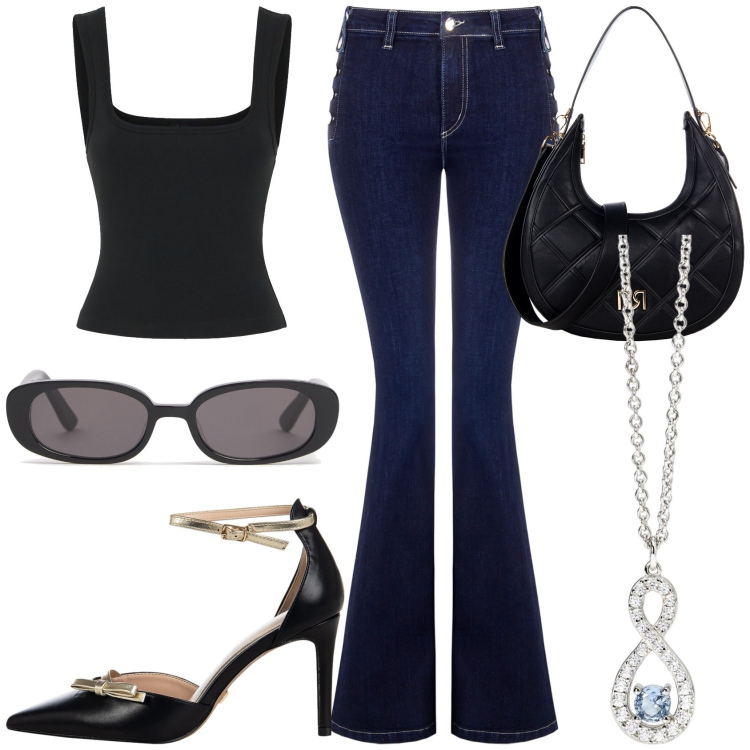 Outfit donna - una semplice giornata. Stile Casual chic per Scuola/Università. Abbinamento con ciondoli, jeans a zampa, décolleté, borse a tracolla, occhiali da sole, canottiere.