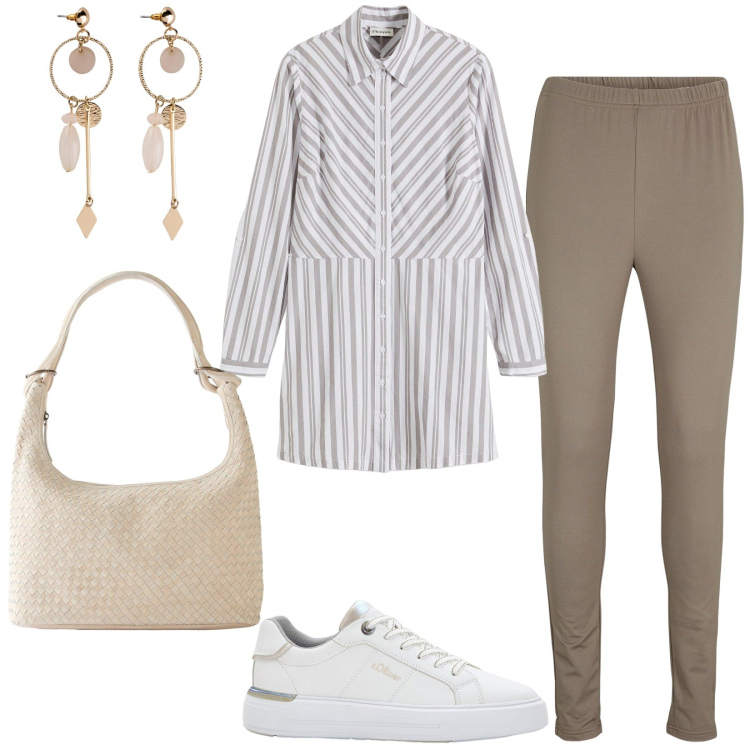 Outfit donna - Saldi Bonprix. Stile Casual per Tutti i giorni. Abbinamento con orecchini, leggings, shopping bag, camicie, sneakers.