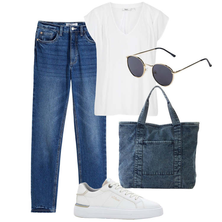 Outfit donna - Basica Bonprix on sale. Stile Basic per Tutti i giorni. Abbinamento con bluse, occhiali da sole, shopping bag, jeans dritti, sneakers.