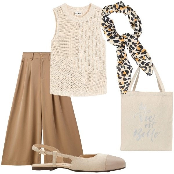 Outfit donna - Le serate di Luglio. Stile Casual chic per Serata fuori. Abbinamento con top, ballerine, pantaloni, borse tote, foulard.
