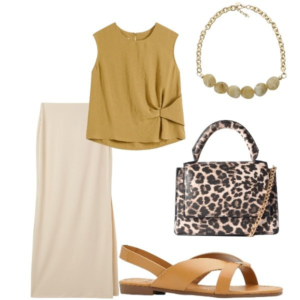 Outfit donna - A cena fuori. Stile Casual chic per Serata fuori. Abbinamento con top, sandali, gonne lunghe, borse a tracolla, collane.