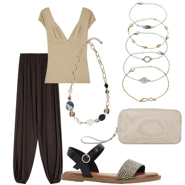 Outfit donna - Outifit di luglio. Stile Casual per Tutti i giorni. Abbinamento con braccialetti con ciondoli, sandali, t-shirt, valigie, tute, collane.
