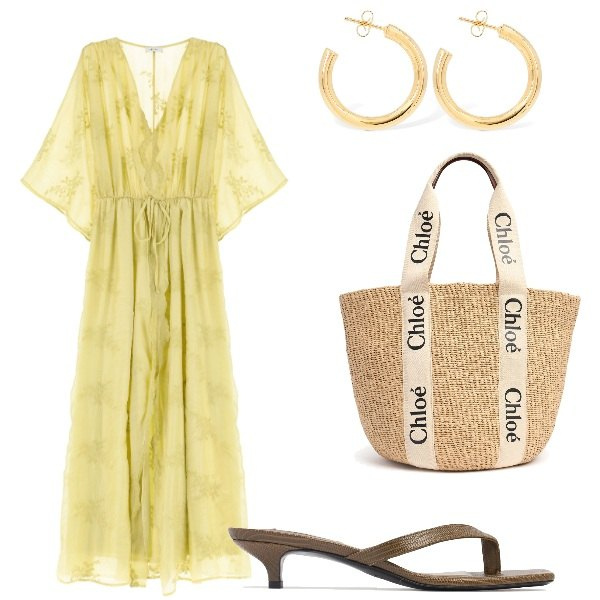 Outfit donna - Le serate di Luglio. Stile Casual chic per Serata fuori. Abbinamento con vestiti lunghi, orecchini, shopping bag, sandali in pelle.