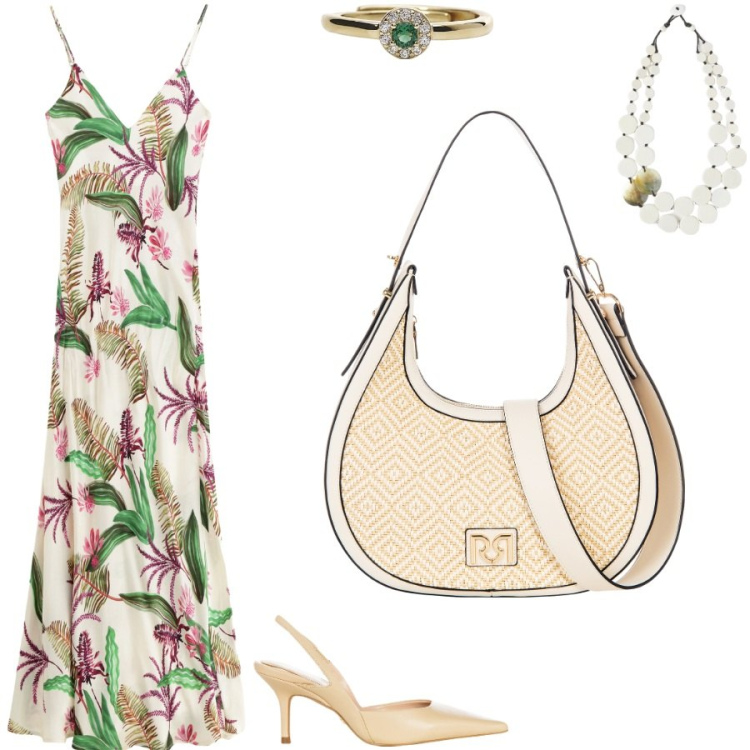 Outfit donna - Per una passeggiata sul lungomare. Stile Chic per Serata fuori. Abbinamento con borse a mano, décolleté, anelli, vestiti lunghi, ciondoli.