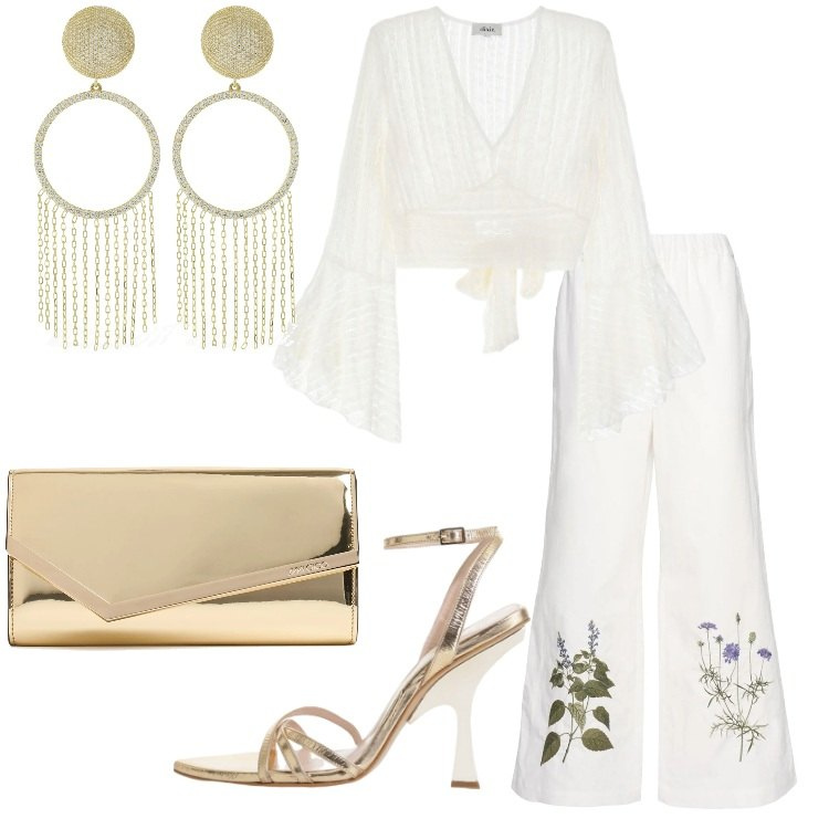Outfit donna - Serata Boho Chic. Stile Boho per Serata fuori. Abbinamento con top, sandali col tacco, pantaloni, pochette, orecchini.