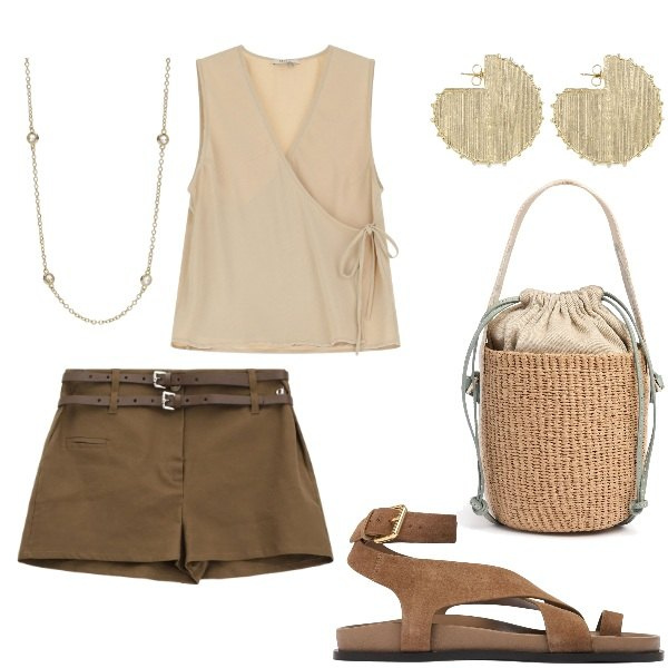 Outfit donna - Serata tra amici. Stile Casual per Serata fuori. Abbinamento con collane, shorts, top, orecchini, sandali in pelle, borse a secchiello.