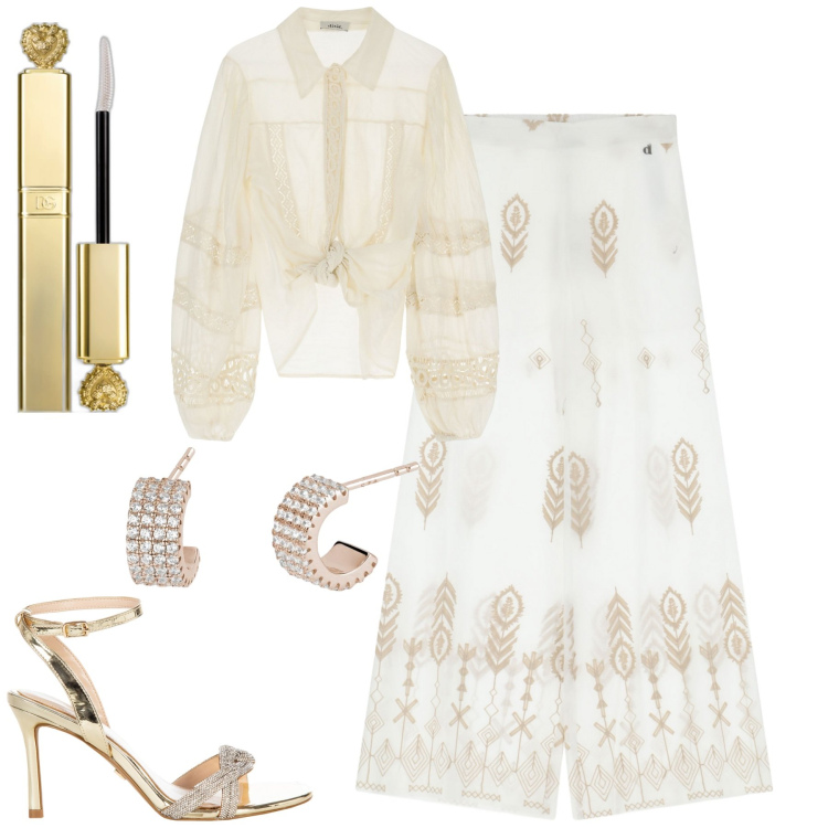 Outfit donna - Bianco e oro chic. Stile Minimal per Tutti i giorni. Abbinamento con mascara, orecchini, sandali col tacco, pantaloni, camicie.