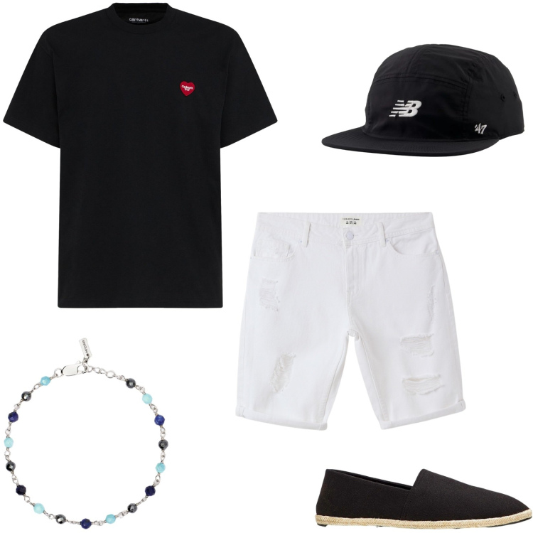 Outfit uomo - Una giornata di relax. Stile Casual per Tutti i giorni. Abbinamento con espadrillas, bermuda, braccialetti, cappelli con visiera, t-shirt.