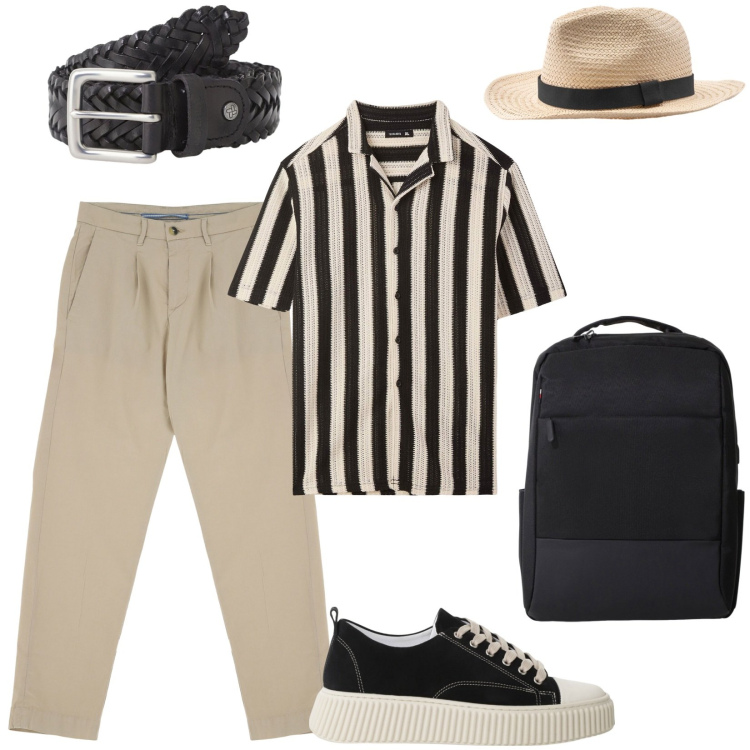 Outfit uomo - Gli accessori di tendenza. Stile Trendy per Tutti i giorni. Abbinamento con camicie a manica corta, sneakers, pantaloni chino, cinture, borse sportive, cappelli.