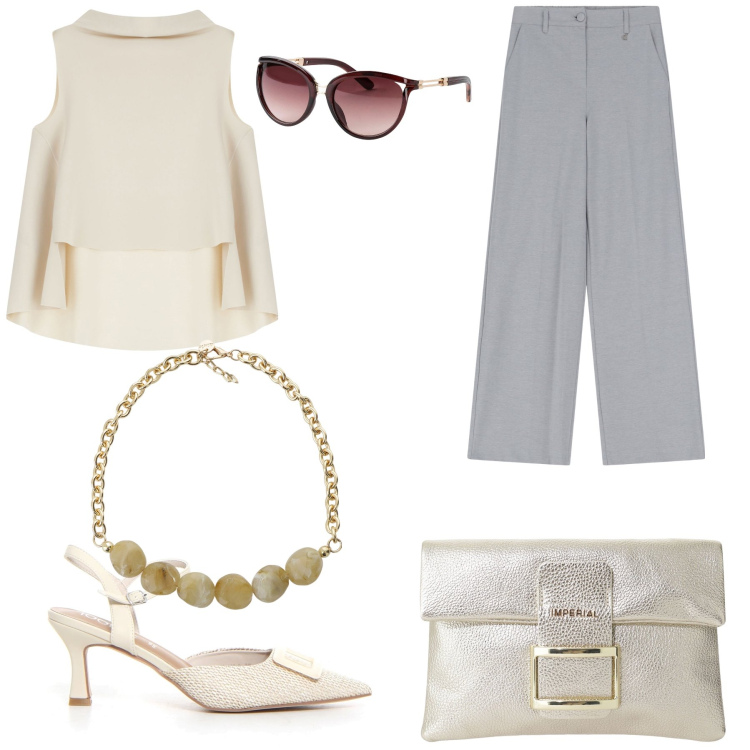 Outfit donna - Total look #2205877. Stile Chic per Cerimonia. look ideale per Tall. Abbinamento con occhiali da sole, top, pochette, pantaloni, collane, sandali col tacco.
