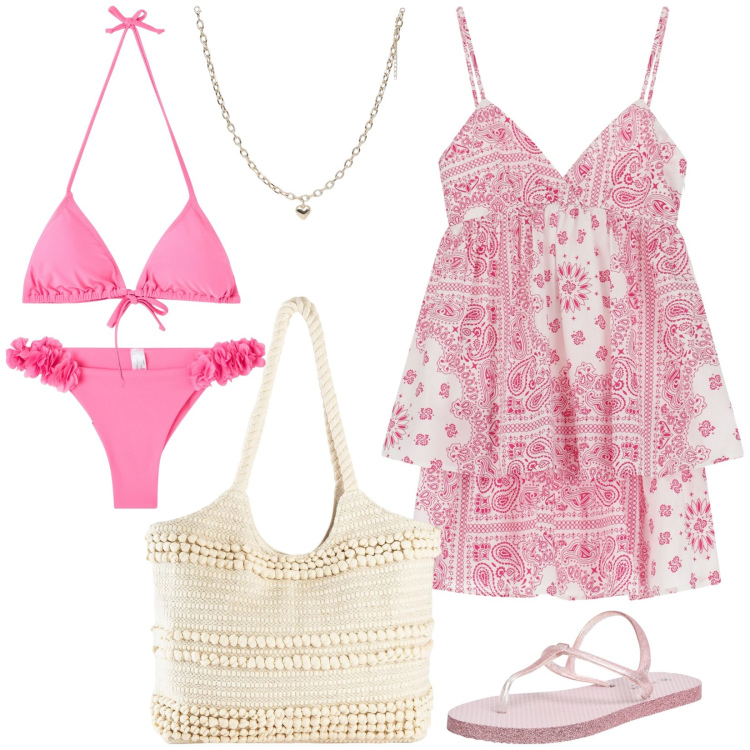 Outfit donna - Look da spiaggia. Stile Romantica per Mare. Abbinamento con shopping bag, bikini, sandali, collane, bikini, vestiti corti.