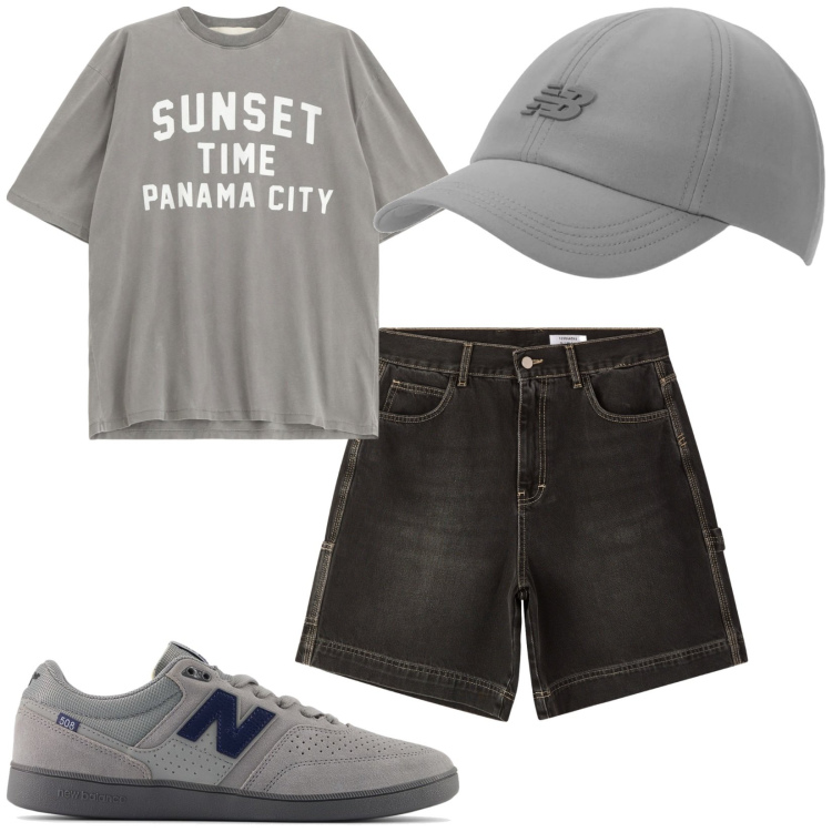 Outfit uomo - Total look #2205884. Stile Casual per Mare. Abbinamento con bermuda, cappelli con visiera, sneakers, t-shirt.