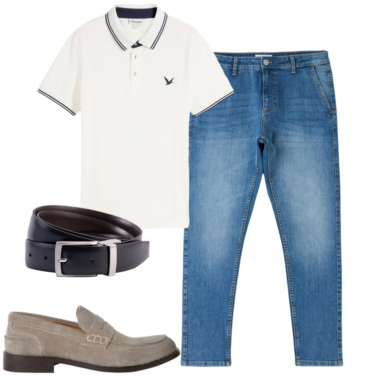 Outfit uomo - Luglio. Stile Casual per Tutti i giorni. Abbinamento con polo, jeans skinny, scarpe stringate, cinture.