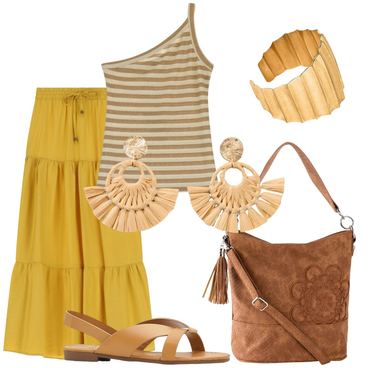 Outfit donna - Boho gialla e righe. Stile Boho per Tutti i giorni. Abbinamento con orecchini, sandali, borse a mano, top, gonne lunghe, braccialetti.
