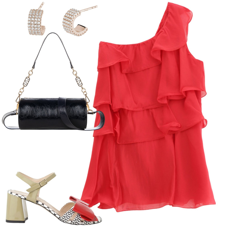 Outfit donna - Red. Stile Sexy per Serata fuori. Abbinamento con borse a mano, orecchini, vestiti corti, sandali col tacco.
