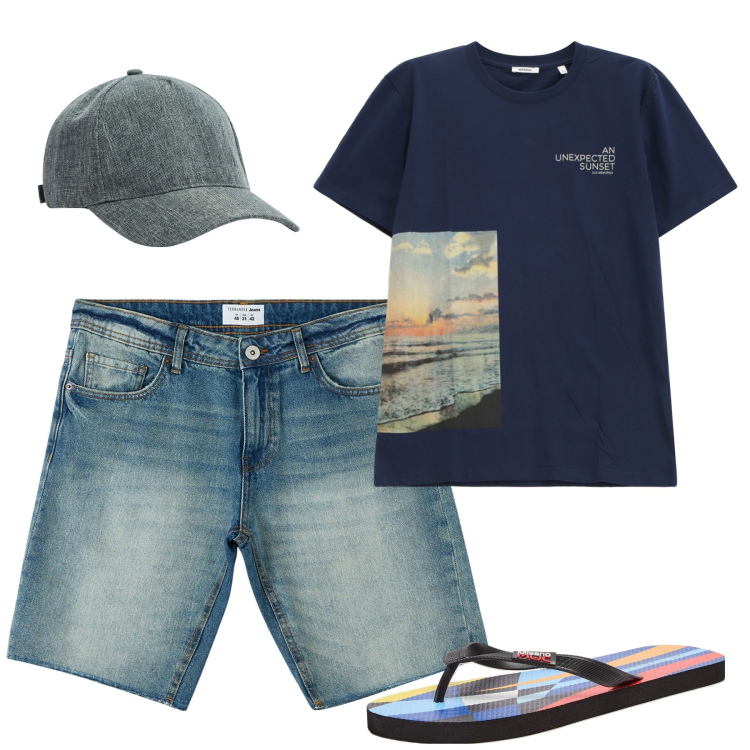 Outfit uomo - Summertime. Stile Casual per Tutti i giorni. Abbinamento con cappelli, sandali, bermuda, t-shirt.