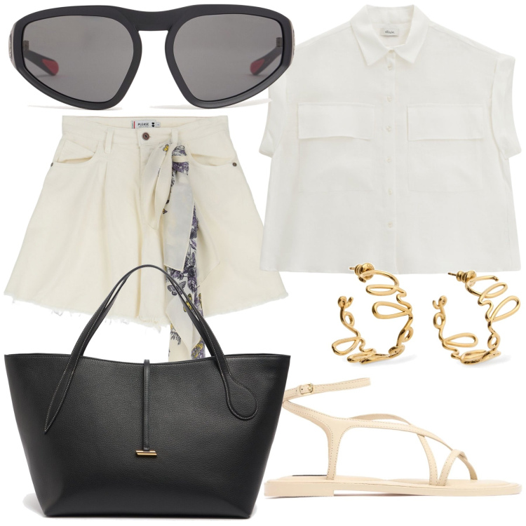 Outfit donna - La città d estate. Stile Urban per Tutti i giorni. Abbinamento con shorts, camicie a manica corta, sandali in pelle, occhiali da sole, orecchini, shopping bag.