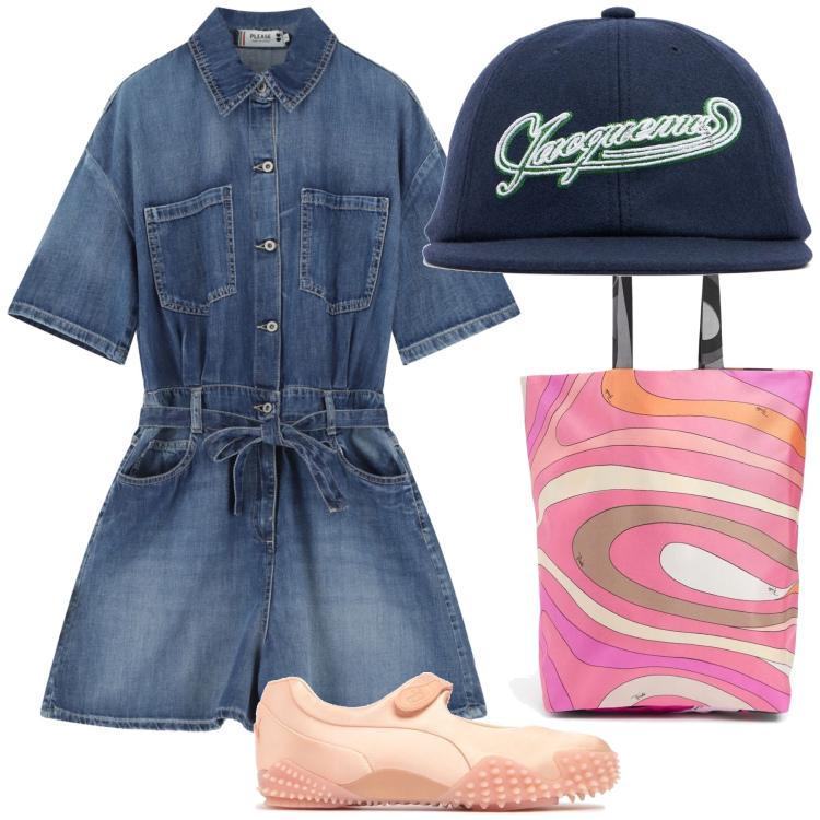 Outfit donna - Compere. Stile Trendy per Tutti i giorni. Abbinamento con tuta corta, shopping bag, ballerine, cappelli.