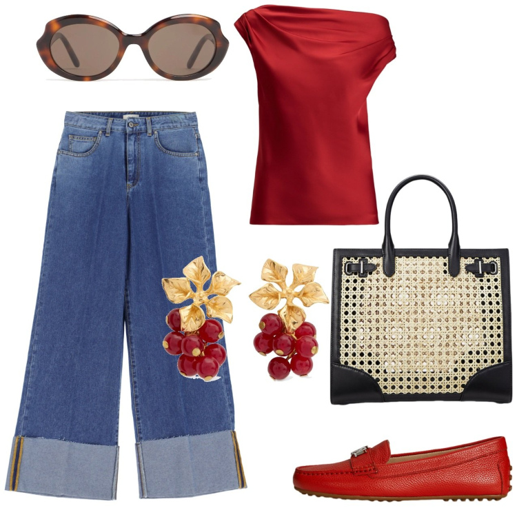 Outfit donna - Occhiali da sole tondi. Stile Casual per Tutti i giorni. Abbinamento con jeans, top, mocassini, borse tote, orecchini, occhiali da sole.