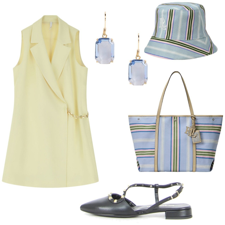 Outfit donna - Gioco di righe. Stile Casual chic per Tutti i giorni. Abbinamento con vestiti corti, orecchini, borse tote, cappelli, sandali in pelle.