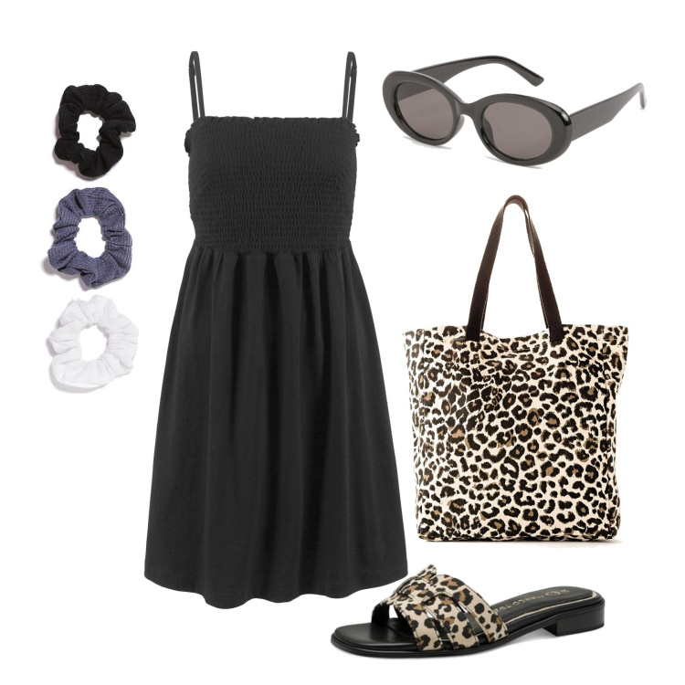 Outfit femme - Juillet. Style Vintage rétro pour Tous les jours. Assortir avec robes longues, sac cabas, accessoires pour cheveux, lunettes de soleil, sandales.