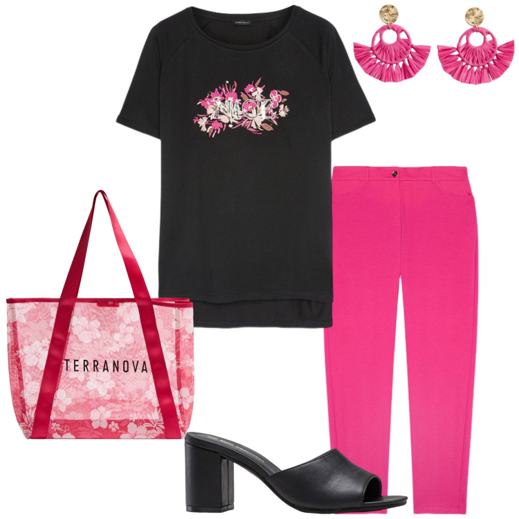 Outfit donna - Al supermercato. Stile Casual per Tutti i giorni. Abbinamento con ciabatte, orecchini, shopping bag, pantaloni chino, t-shirt.