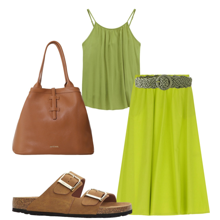 Outfit donna - Verde lime. Stile Casual chic per Tutti i giorni. Abbinamento con ciabatte, cinture, borse tote, gonne longuette, top.
