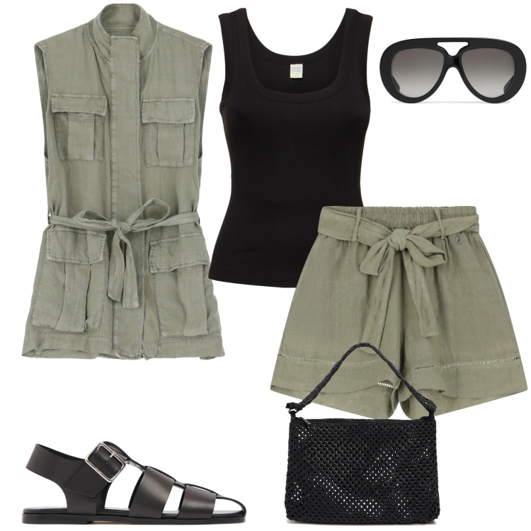 Outfit donna - Sporty chic in città. Stile Sporty chic per Tutti i giorni. Abbinamento con shorts, gilet, borse a spalla, sandali in pelle, top, occhiali da sole.