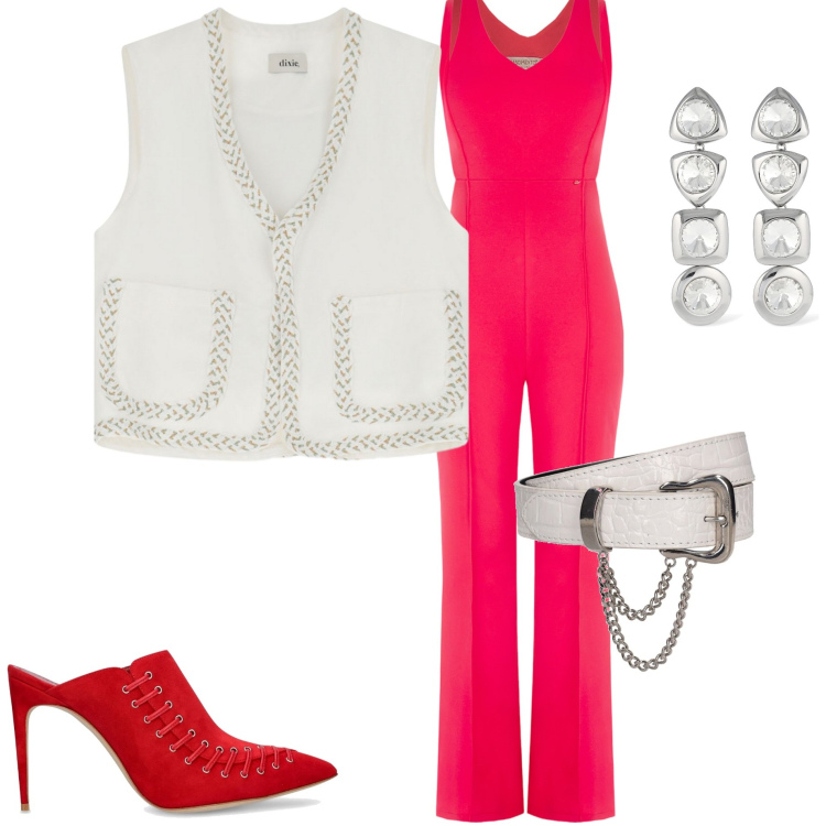 Outfit donna - Evento estivo. Stile Chic per Serata fuori. Abbinamento con tute, gilet, orecchini, pantofole, portafogli.