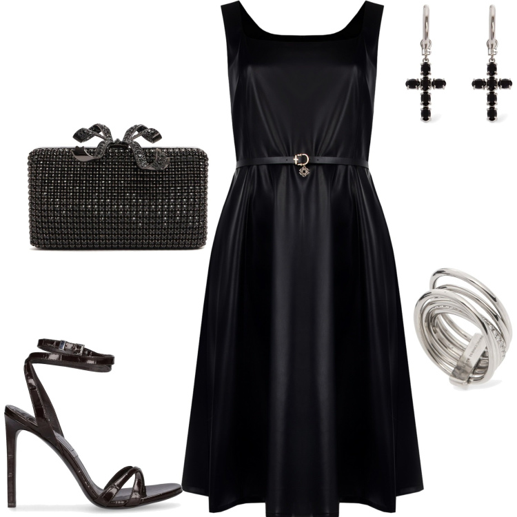 Outfit donna - Eleganza del nero. Stile Chic per Serata fuori. Abbinamento con vestiti midi/longuette, anelli, sandali in pelle, pochette, orecchini.