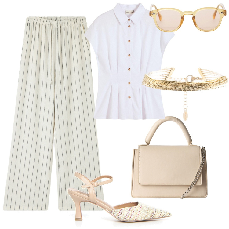 Outfit donna - Luglio in ufficio. Stile Bon Ton per Ufficio. Abbinamento con bluse, pantaloni, borse a tracolla, occhiali da sole, braccialetti, sandali col tacco.