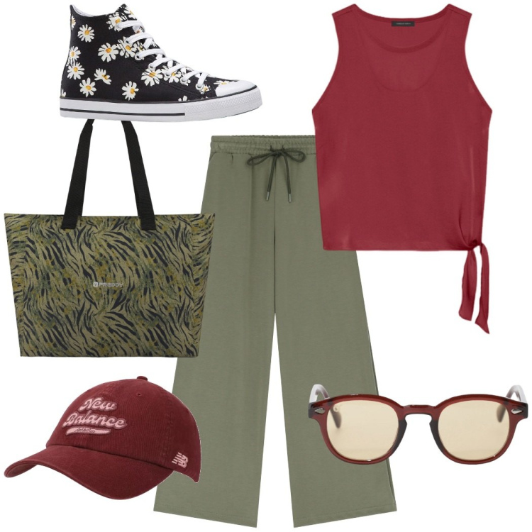 Outfit donna - Total look #2205959. Stile Casual per Tutti i giorni. Abbinamento con sneakers alte, cappelli con visiera, occhiali da sole, shopping bag, pantaloni a palazzo, top.