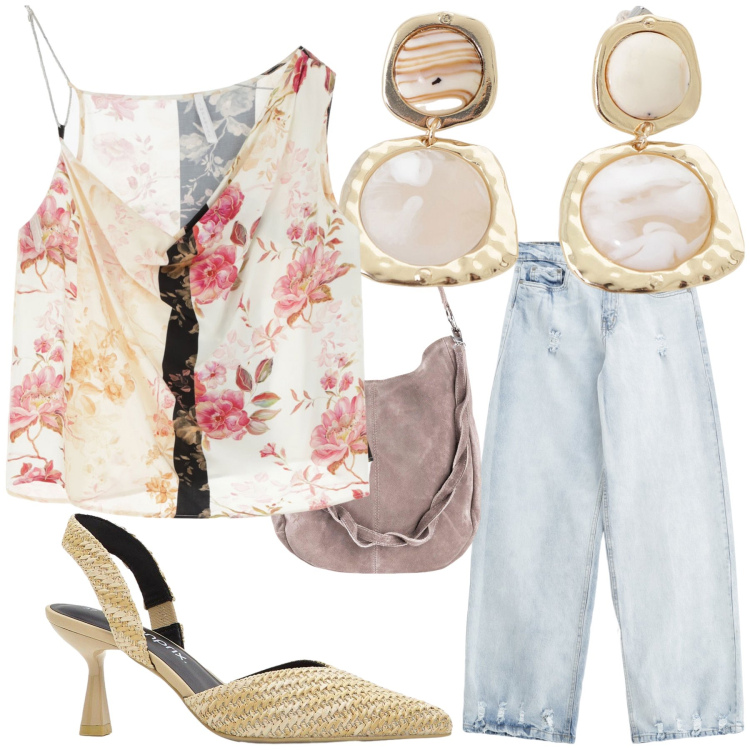 Outfit donna - Apericena. Stile Glamour per Serata fuori. Abbinamento con borse a mano, décolleté, jeans, top, orecchini.