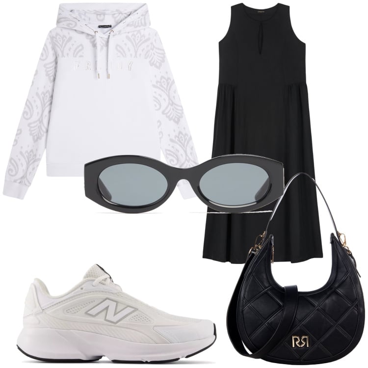 Outfit donna - Bianco e nero in montagna. Stile Basic per Tutti i giorni. Abbinamento con sneakers, borse a tracolla, felpe con cappuccio, vestiti lunghi, occhiali da sole.