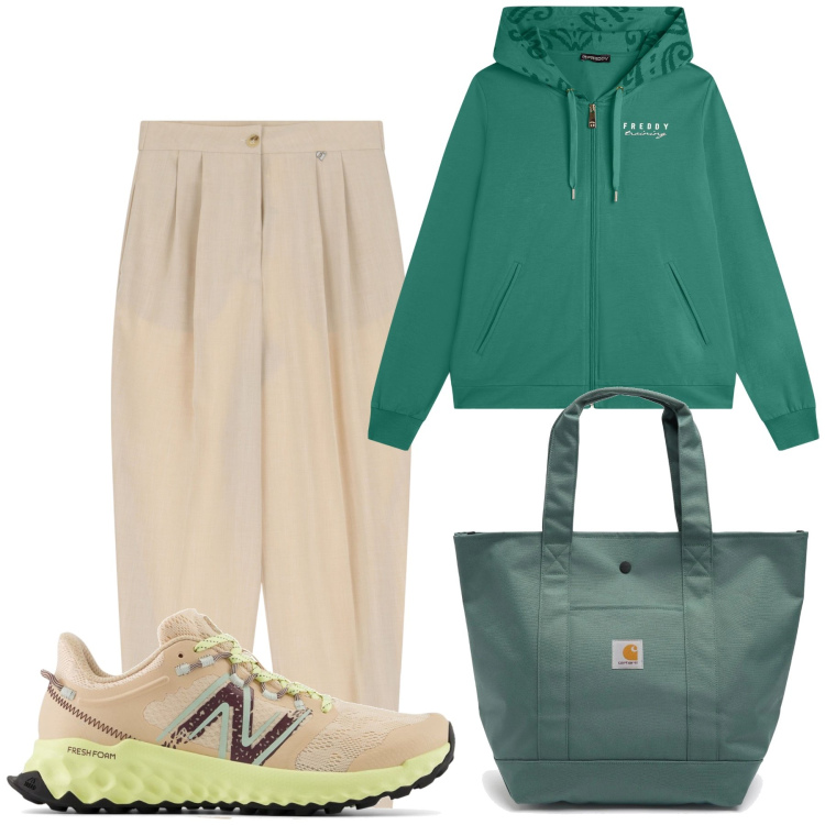 Outfit donna - Oggi al fresco sui monti. Stile Casual per Tutti i giorni. Abbinamento con sneakers, felpe con cappuccio, pantaloni, borse tote.
