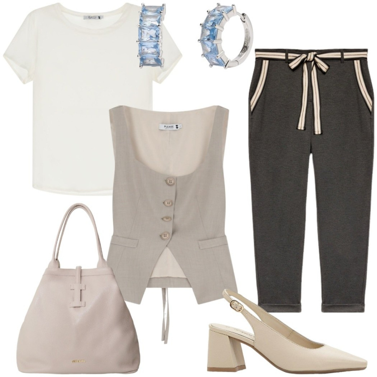 Outfit donna - In ufficio. Stile Casual chic per Ufficio. Abbinamento con décolleté, orecchini, gilet, t-shirt, borse tote, pantaloni chino.