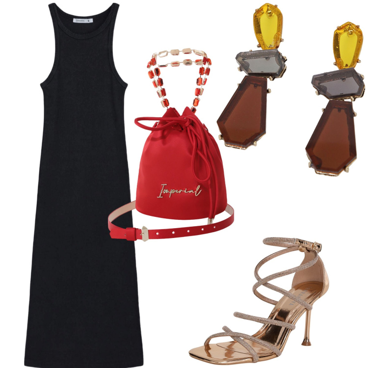 Outfit donna - Semplicemente chic. Stile Glamour per Serata fuori. Abbinamento con vestiti lunghi, sandali col tacco, borse a secchiello, orecchini.