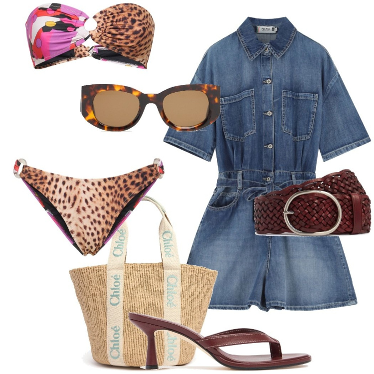 Outfit donna - Destinazione mare. Stile Casual chic per Mare. Abbinamento con tuta corta, occhiali da sole, bikini, cinture, ciabatte, shopping bag.