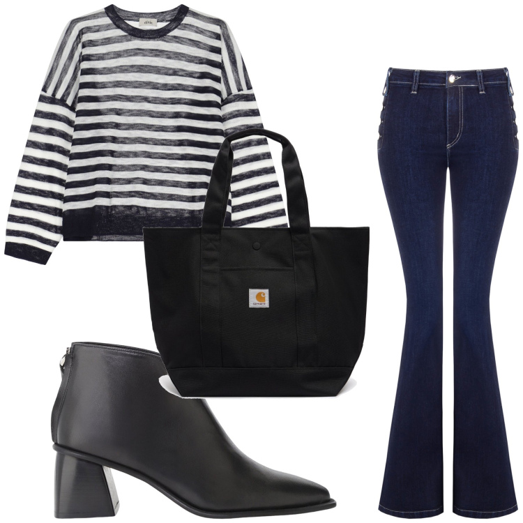 Outfit donna - Anni 70. Stile Vintage retrò per Tutti i giorni. Abbinamento con stivaletti, maglieria, jeans a zampa, borse tote.