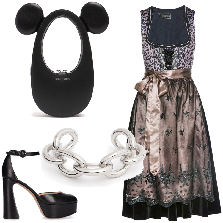 Outfit donna - Stasera super originale. Stile Trendy per Serata fuori. Abbinamento con vestiti, borse a mano, braccialetti, décolleté.