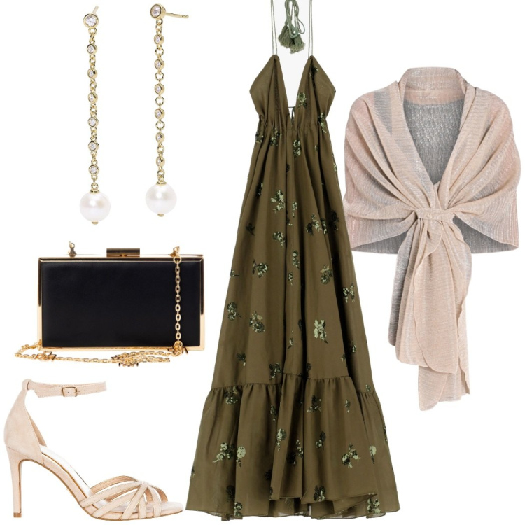 Outfit donna - Party in giardino. Stile Chic per Serata fuori. Abbinamento con orecchini, stole, pochette, sandali col tacco, vestiti lunghi.