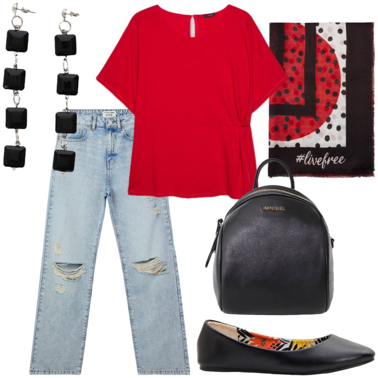 Outfit donna - Urban style. Stile Urban per Tutti i giorni. Abbinamento con ballerine, jeans strappati, zaini, orecchini, bluse, foulard.