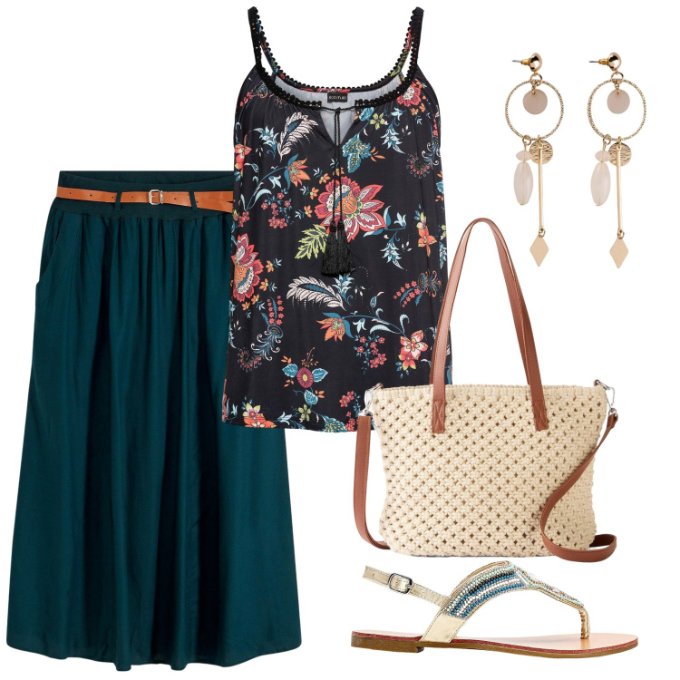 Outfit donna - Bonprix 2. Stile Casual per Tutti i giorni. Abbinamento con top, gonne lunghe, ciabatte, orecchini, borse a mano.