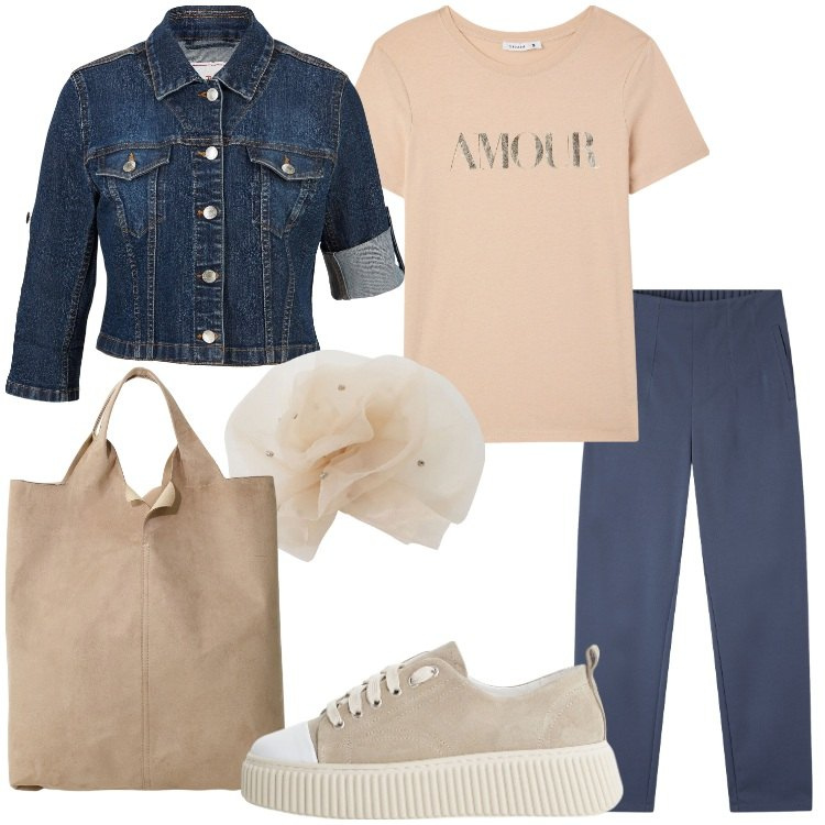 Outfit donna - Blu & sabbia - @antonellal. Stile Casual per Tutti i giorni. Abbinamento con blazer, pantaloni chino, t-shirt, sneakers, shopping bag, foulard.