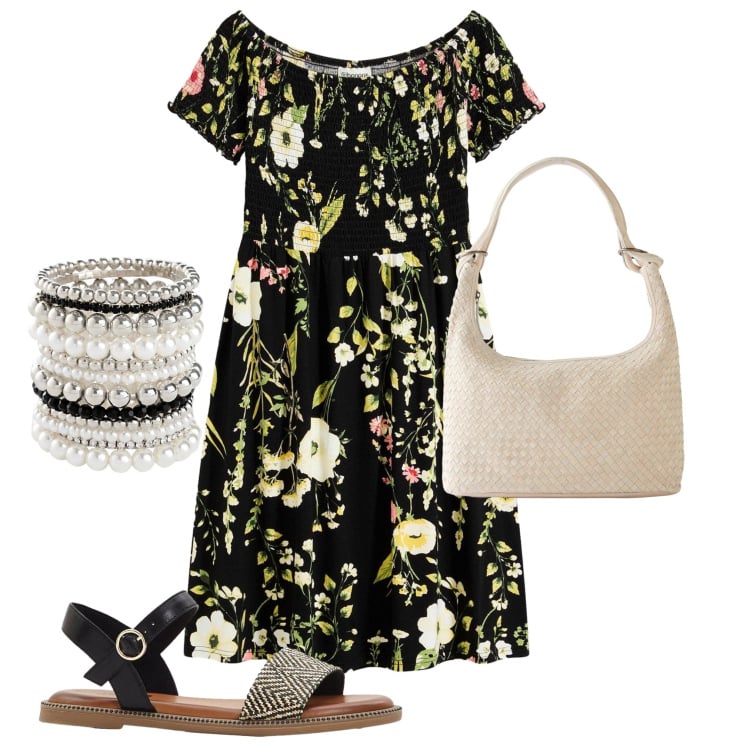 Outfit donna - Bonprix 3. Stile Minimal per Tutti i giorni. Abbinamento con sandali, shopping bag, braccialetti, vestiti.