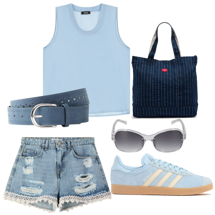 Outfit donna - Al campo. Stile Sporty chic per Tutti i giorni. Abbinamento con cinture, shorts, top, occhiali da sole, borse tote, sneakers.