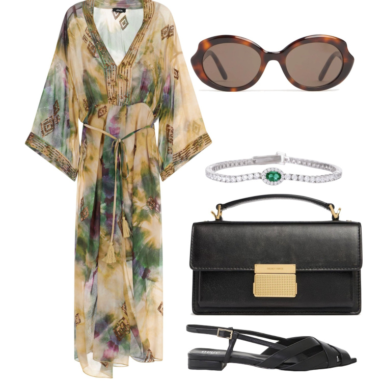 Outfit donna - L\'abito lungo. Stile Bon Ton per Serata fuori. Abbinamento con braccialetti, sandali, vestiti lunghi, borse a mano, occhiali da sole.