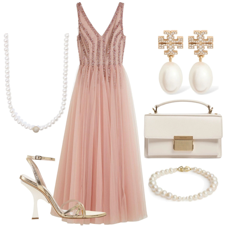 Outfit donna - Qualche Perla. Stile Bon Ton per Cerimonia. Abbinamento con vestiti lunghi, collane, sandali col tacco, orecchini, borse a mano, braccialetti.